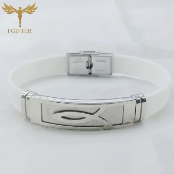 Bracelets en acier inoxydable avec symboles de poisson de Jésus, bijoux de religion chrétienne Lchthus, bracelet en caoutchouc coloré, bracelets simples – Image 11