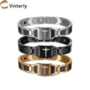 Bracelet magnétique Jesus Zones Me, fibre de carbone noire, acier inoxydable de luxe, bijoux magnétiques pour la santé et l'énergie, entraîneur étanche, 21cm
