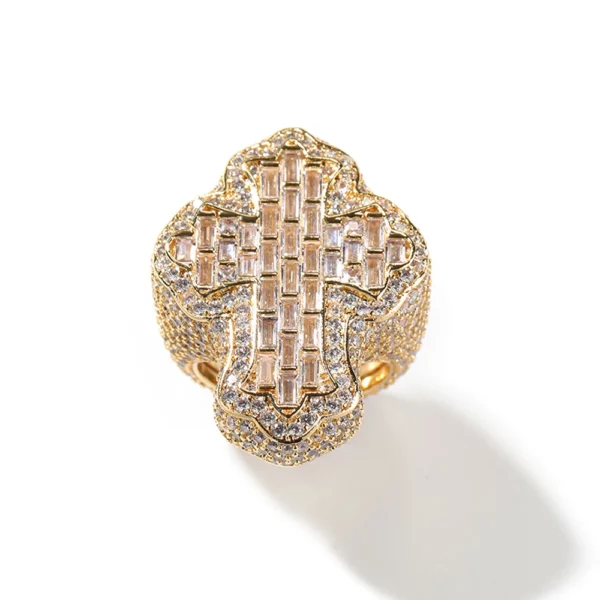 Nouveau glacé Bling CZ croix anneau plaqué or broche réglage cubique zircone grands anneaux mode Hip Hop luxe femmes hommes bijoux – Image 23