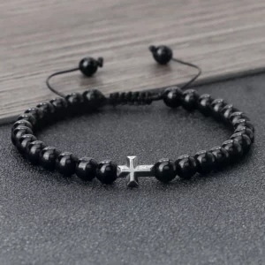 Bracelet tressé en pierre naturelle pour hommes et femmes, breloque de 6mm, perles de prière, croix de jésus béni, bijoux d'amitié