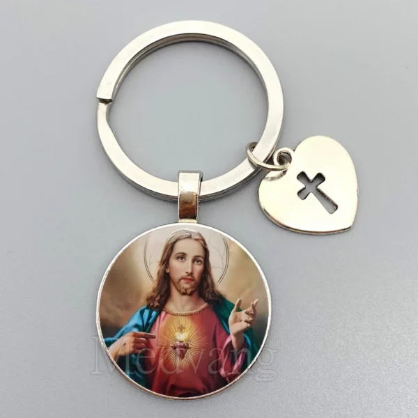 Porte-clés Jésus Sacré-Cœur Vierge Marie, porte-clés en verre breton, bijoux catholiques pour hommes et femmes, cadeaux – Image 31