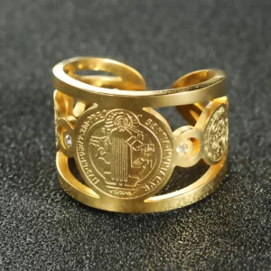 Bague médaille San Benito en acier inoxydable pour femmes et hommes, couleur or/argent, anneau ouvert en métal avec croix de San Benito réglable