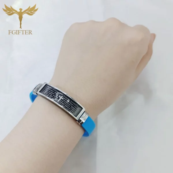 Prière biblique texte russe croix Bracelet acier inoxydable bleu caoutchouc 17/19/21 cm ceinture chrétienne femme mâle Bracelets Pulseras – Image 3