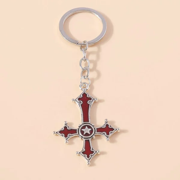 Aihua-Porte-clés croix inversée pour hommes et femmes, pentagramme Steampunk vintage, porte-clés de voiture, croix gothique SAFLucifer – Image 11
