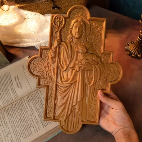 Statue de Jésus-Christ religieux pour la décoration murale, plaque en bois sculptée, image de Saint Catholique, troupeau de bons contribuables