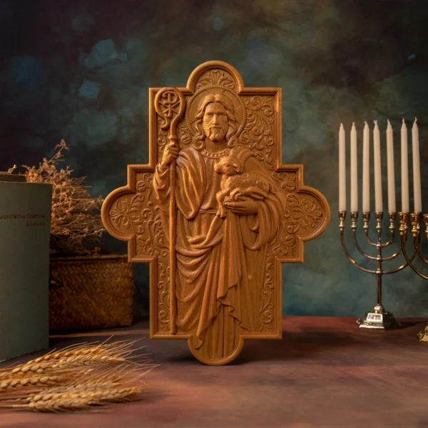 Statue de Jésus-Christ religieux pour la décoration murale, plaque en bois sculptée, image de Saint Catholique, troupeau de bons contribuables – Image 7