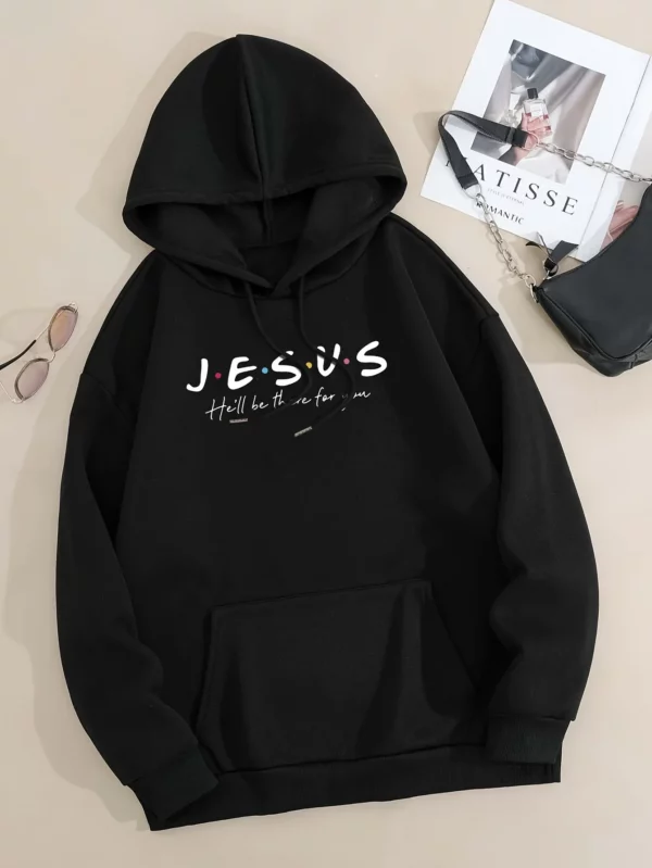 Sweat à capuche imprimé jésus, sweat-shirt décontracté avec poche kangourou avec cordon de serrage pour le printemps et l'automne, vêtements pour femmes, loisirs quotidiens amples – Image 9