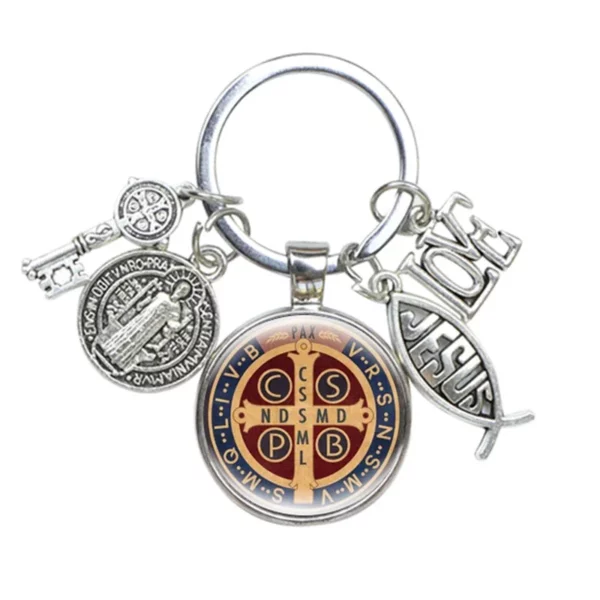 Porte-Clés Médaillon Saint Benoît, J'aime Jésus, Artisanat, Breloques en Verre Bombé, Catholique, San Benito, Bijoux Religieux