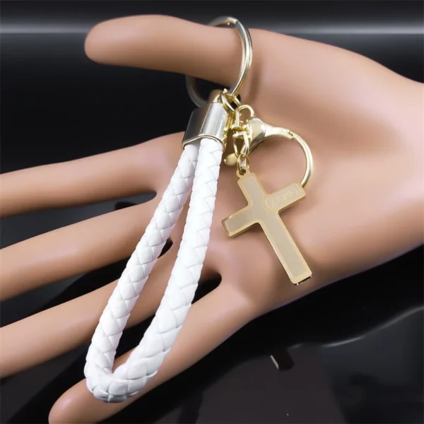 Porte-clés pendentif croix de Jésus en acier inoxydable pour femmes et hommes, porte-clés chrétien en cuir PU, porte-bijoux, document en or – Image 5