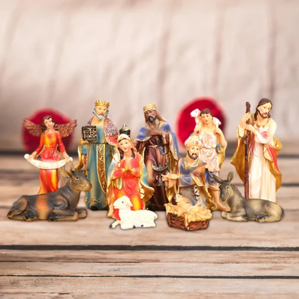 Ensemble de scène de la Nativité avec cheval, statue de la Nativité de Jésus, groupe de crèche, naissance de Jésus pour étagère, bureau, chapelle, cadeau de bureau, 11 pièces – Image 3