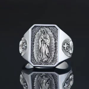 Bague en argent regardé Le Cœur de Notre-Dame, Vierge Marie, Sacré-Cœur de Jésus, Priez et Foi
