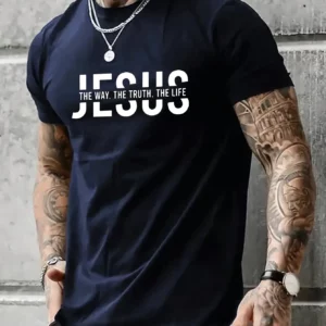 Été hommes 100% pur coton décontracté coupe ample jésus façon vérité vie lettre imprimé col rond à manches courtes T-shirt haut