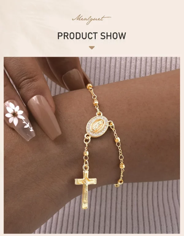 Bracelets plaqués or religieux narJésus Coss, catholique, cubique, contre-indiqué, chapelet, croix, lien perlé, bijoux – Image 9