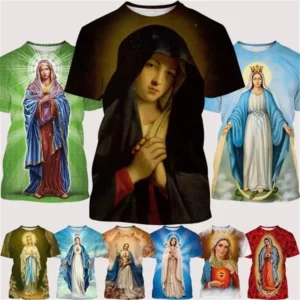 T-shirt imprimé en 3D pour hommes, T-shirt à manches courtes, Mère de Jésus, Vierge Marie, Croyance chrétienne, Col rond, Respiré