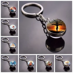 Porte-clés vierge marie, pendentif polyvalent à la mode, boule de verre Double face, ornement à thème religieux
