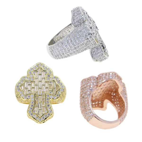 Nouveau glacé Bling CZ croix anneau plaqué or broche réglage cubique zircone grands anneaux mode Hip Hop luxe femmes hommes bijoux – Image 17