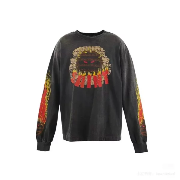 Toutes les saisons meilleure qualité coton Vintage lavé noir endommagé t-shirt hommes femmes jésus imprimé Saint à manches longues t-shirts hauts – Image 35
