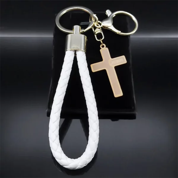 Porte-clés pendentif croix de Jésus en acier inoxydable pour femmes et hommes, porte-clés chrétien en cuir PU, porte-bijoux, document en or – Image 2