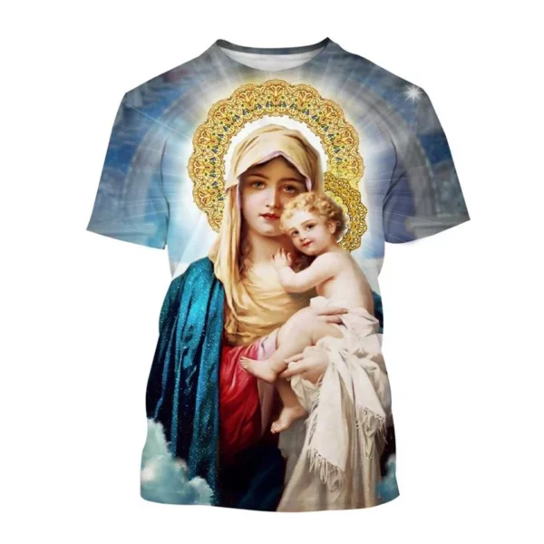 Vente chaude Vierge Marie 3D imprimé T-shirt Personnalité Christianisme Mère De Dieu Sainte Enfant T-shirts Décontracté à manches courtes T-shirt – Image 32