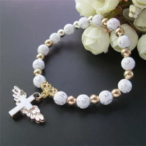 Interrupteur bracelet religieux commandé pour femme, breloque ange, croix, chapelet, perles, pendentif catholique, bijoux fantaisie