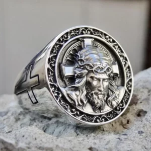 Bague chevalière Vintage en Relief de croix de jésus pour hommes, rétro dominateur, couleur argent, bagues en métal, Punk gothique, bijoux de fête