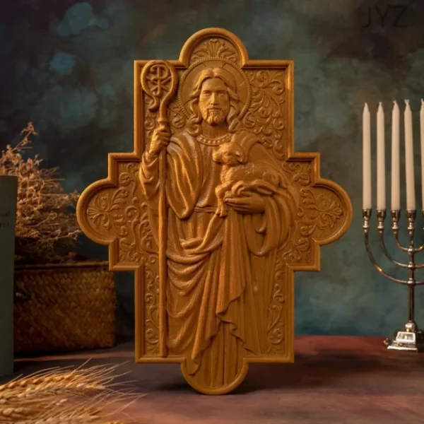 Statue de Jésus-Christ religieux pour la décoration murale, plaque en bois sculptée, image de Saint Catholique, troupeau de bons contribuables – Image 2