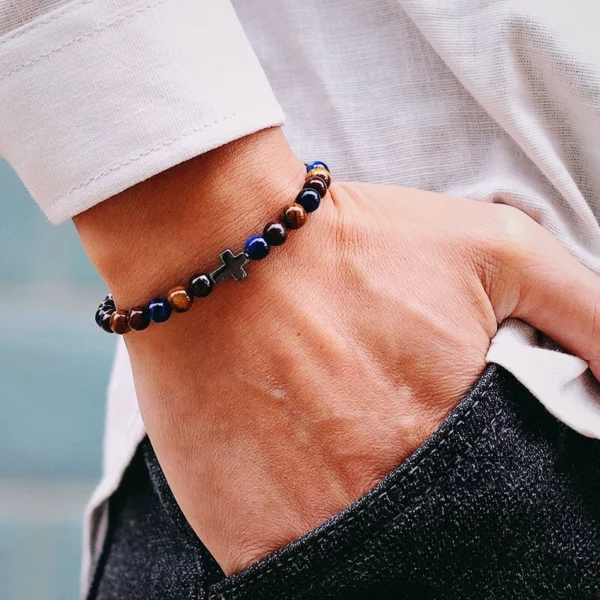 Bracelet croisé minimaliste pour hommes, 6mm, yeux de tigre naturels, pierre, cadeau pour lui, accessoires de Camping, Bileklik Erkek Pulseira – Image 3