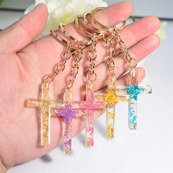 Porte-clés en résine étoile fleur sèche pour hommes et femmes, porte-clés en métal, croix de proximité, pendentif de sac à main de voiture, cadeau chrétien, mode