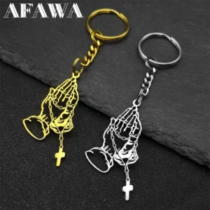 Jésus prière main chapelet perle croix porte-clés pour femmes hommes en acier inoxydable couleur or porte-clés suspendus accessoires bijoux