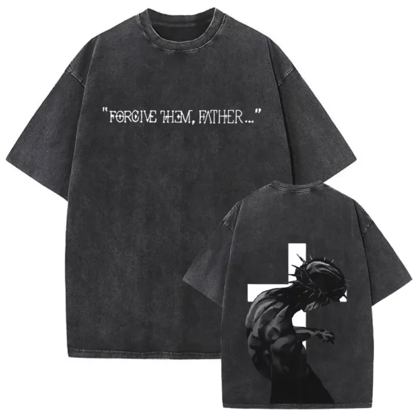 T-shirt délavé Vintage pour hommes et femmes, style religieux chrétien, jésus pardonne le père, gothique Rock, surdimensionné, Streetwear – Image 24