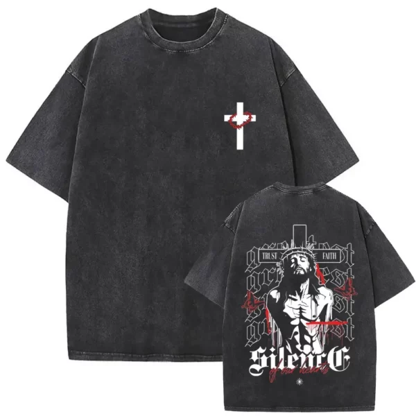 T-shirt délavé Vintage pour hommes et femmes, style religieux chrétien, jésus pardonne le père, gothique Rock, surdimensionné, Streetwear – Image 27
