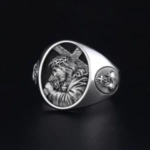 Bague en argent avec croix chrétienne catholique de Jésus, amulette religieuse, mémorial à la souffrance, cœur de la vierge