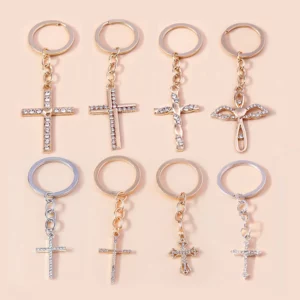 Porte-clés croix à la mode pour femmes et hommes, couleur or, cristal éblouissant, religieux, Crucifix de jésus, chaîne, bijoux chrétiens