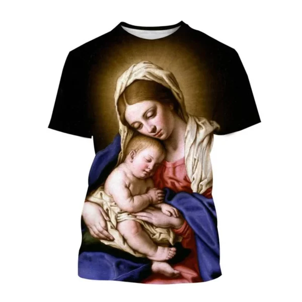 Vente chaude Vierge Marie 3D imprimé T-shirt Personnalité Christianisme Mère De Dieu Sainte Enfant T-shirts Décontracté à manches courtes T-shirt – Image 23