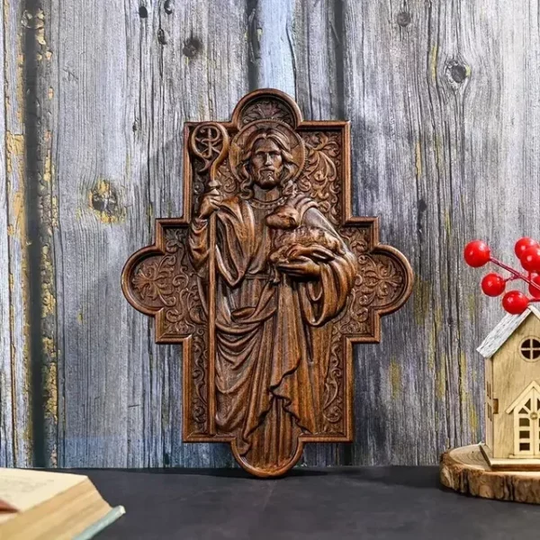 Sculpture sur bois de haute qualité, icône de berger de jésus, Plaque de Sculpture, décoration murale catholique pour la maison – Image 8