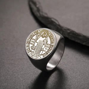 Jeshayuan-Bague pendentif Saint Benoît de Nursie pour femme et homme, bague ronde en acier inoxydable, amulette du catholicisme, cadeau bijoux