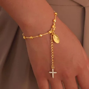 Bracelet chapelet croisé en zircone cubique pour femmes, lien réglable Mary en acier inoxydable, cadeau de bijoux religieux