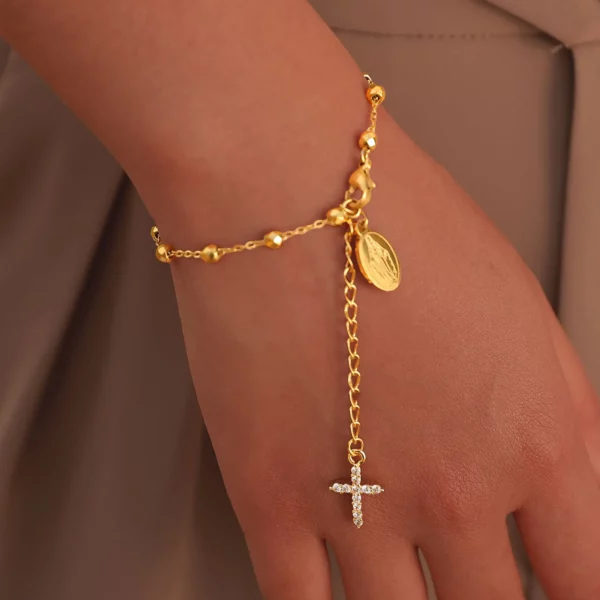 Bracelet chapelet croisé en zircone cubique pour femmes, lien réglable Mary en acier inoxydable, cadeau de bijoux religieux