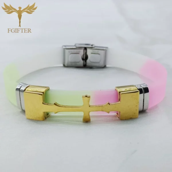 Bracelets en acier inoxydable pour documents en or, accessoire de symboles croisés, plusieurs couleurs, bracelet en caoutchouc, bracelets, religion chrétienne, bijoux – Image 11