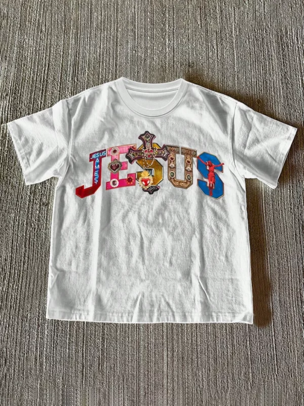 (220 T-shirt en coton) T-shirt imprimé graphique de foi religieuse multicolore croix et texte de jésus pour hommes