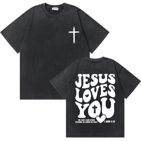Lavé Vintage chrétien jésus bonnes nouvelles dieu vous aime verset de la Bible graphique T-shirts hommes femmes mode décontracté surdimensionné t-shirt – Image 5