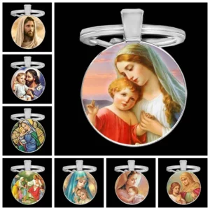 Porte-clés religieux de la Vierge Jésus, Saint Mère et Bébé, porte-clés en verre d'art circulaire, cadeau de porte-clés, nouveauté