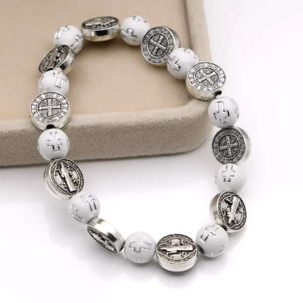 Bracelet de perles catholiques, perles croisées, médaille de saint benoît, chapelet, plaqué argent Antique, bijoux religieux, cadeaux – Image 11