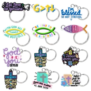 Porte-clés religieux en PVC pour enfants, christianisme, catholicisme, porte-clés Jésus, amour, porte-clés jouable, cadeau, accessoires prédire, 1 pièce, 24 pièces