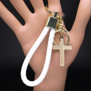 Porte-clés pendentif croix de Jésus en acier inoxydable pour femmes et hommes, porte-clés chrétien en cuir PU, porte-bijoux, document en or