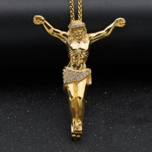Collier croix de jésus religieux pour hommes, pendentif croix couleur or avec strass, bijoux cadeaux pour hommes, nouvelle collection