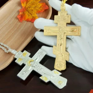 Collier avec pendentif croix pectorale plaquée or, Crucifix orthodoxe de jésus-Christ, pour prêtre et croyants