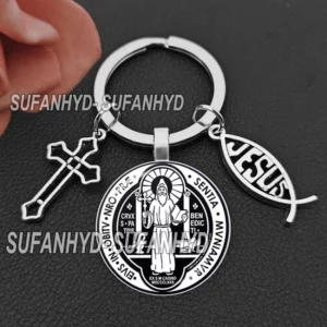 Porte-Clés Médaillon Saint Benoît, Bijoux Religieux, J'aime JÉSUS, en Verre, Catholique, San Benito