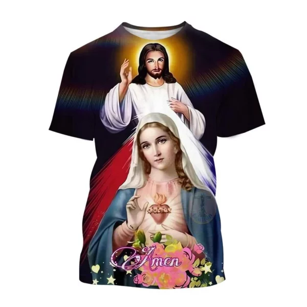 Offre spéciale mère de dieu chrétienne vierge marie impression 3D T-Shirt jésus croix dieu croix jésus aime tout chrétien unisexe haut décontracté – Image 2