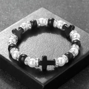 Bracelet en pierre de pin naturelle de 8mm, strass en cristal, perles, bijoux à breloques réglables avec pendentif croix, cadeau pour femmes